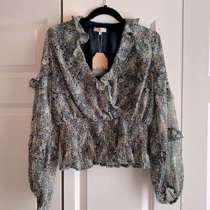 NWT Lime Lush Boutique Teal Floral Surplice Neck Peplum Ruffle Blouse - Large